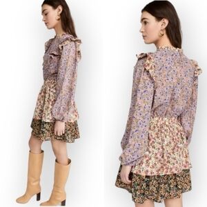 NEW Free The Roses Floral Multi Color Dress Layered Ruffles Long sleeves Size M